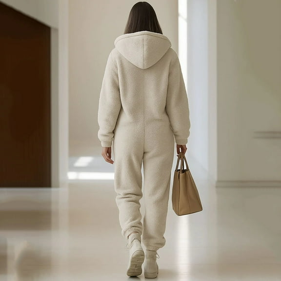 FNFYFH Womens Fleece Jumpsuits Onesie Winter Warm Zip Up Overalls Casual Loose Ladies Ski Snow Suit Outfits with Hood