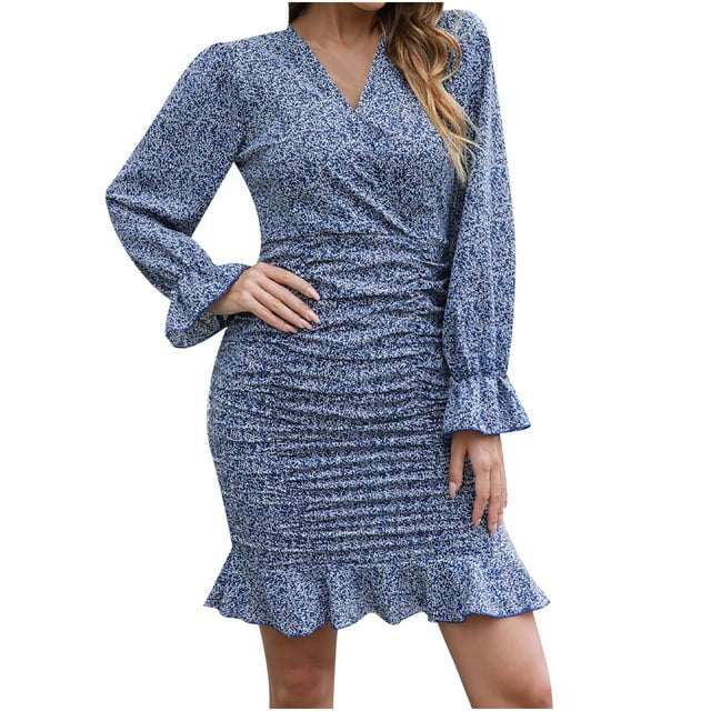 Robe Courte Moulante à Manches Longues Évasées pour Femme, Col en V, Imprimé Floral Bohème, Robe de Plage Ajustée, Froncée, à Volants, Robe Courte