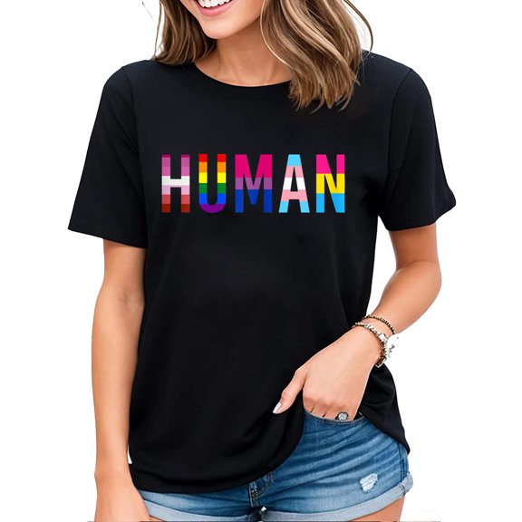 HUMAN LGBT Flag Gay Pride Month Transgender Rainbow Lesbian T-Shirt for Women Black 2X-Large