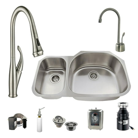All In One 31 5 32 In Undermount Stainless Steel 30 70 Double Bowl Kitchen Sink Set Includes Faucet In Stainless Steel Badger 5 Hot Water