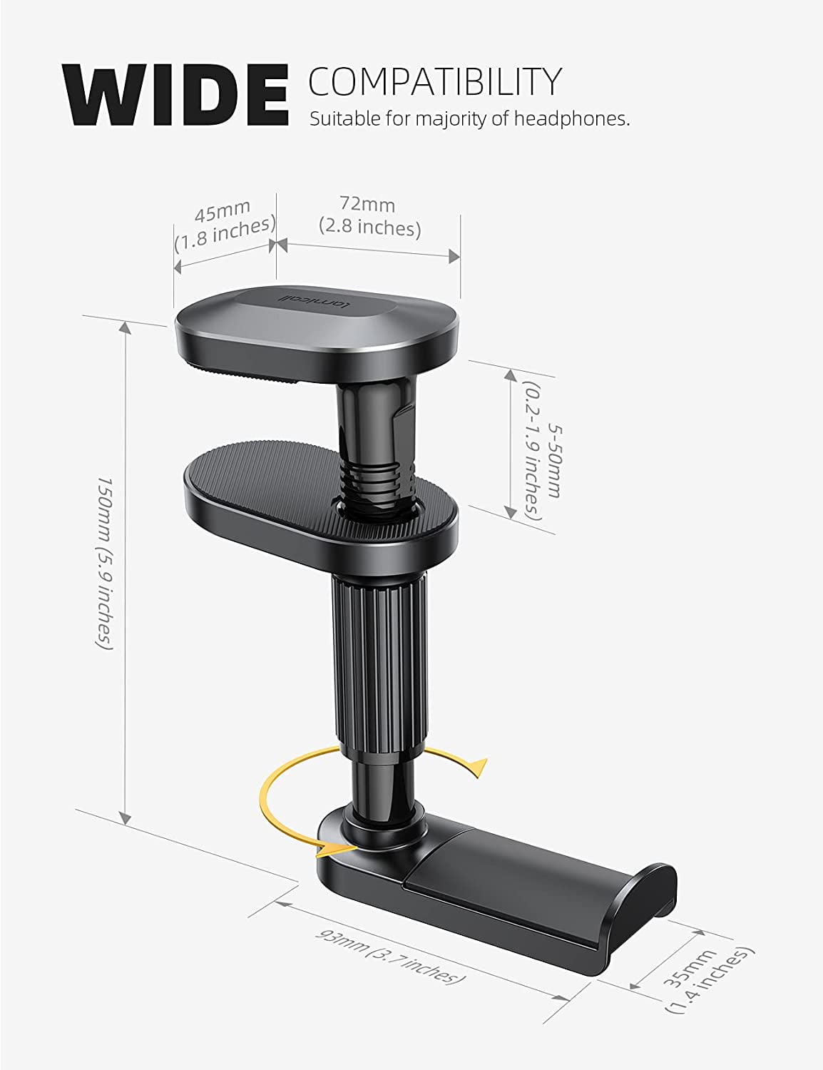 Lamicall Headphone Stand, Headset Hanger - Adjustable & 360 Degree Rotating Gaming Earphones Hook - Black
