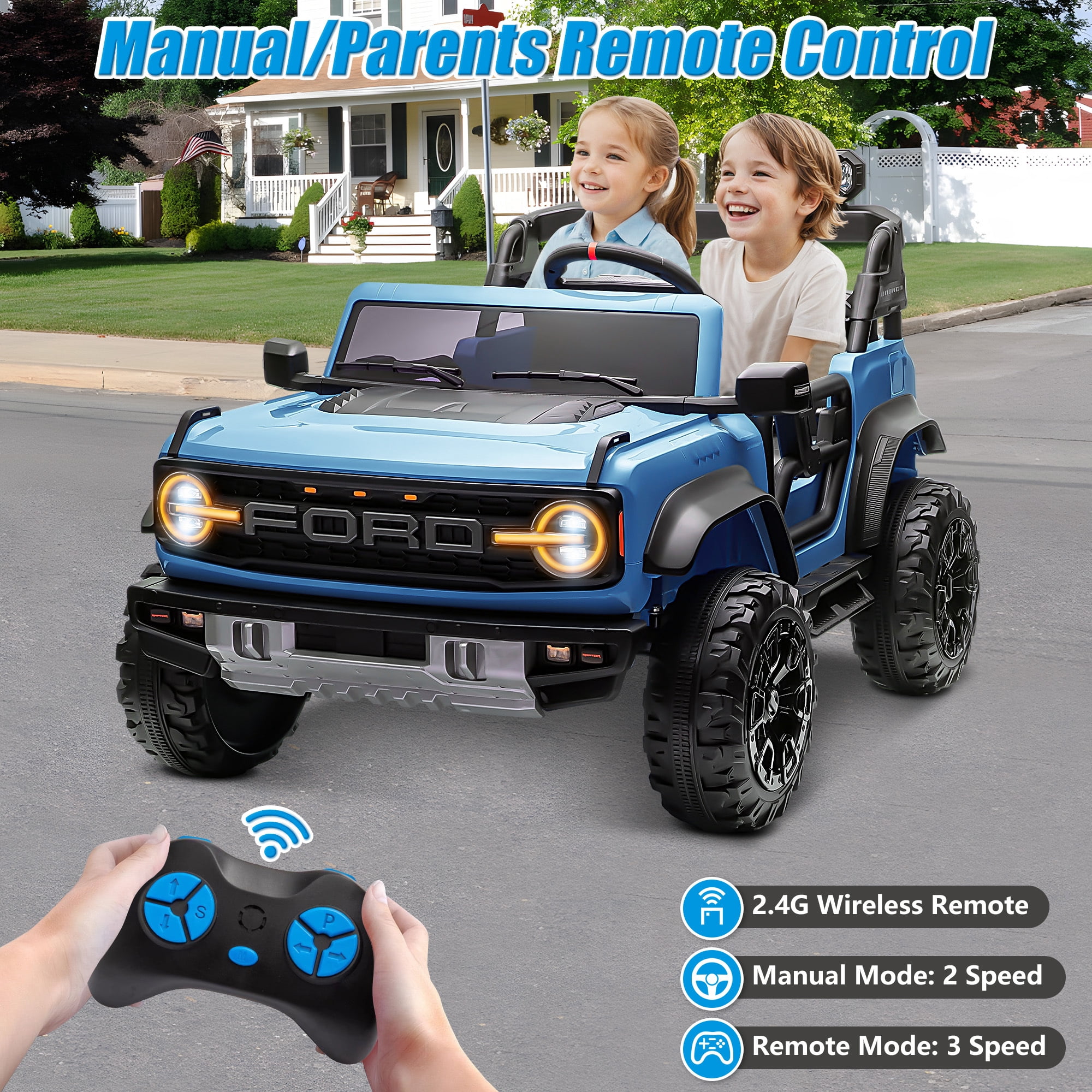 Conchico 24V 2 Seater Licensed Ford Bronco Powered Ride-On Truck, Kids Ride on Toys with Remote Control & Seatbelt, Blue