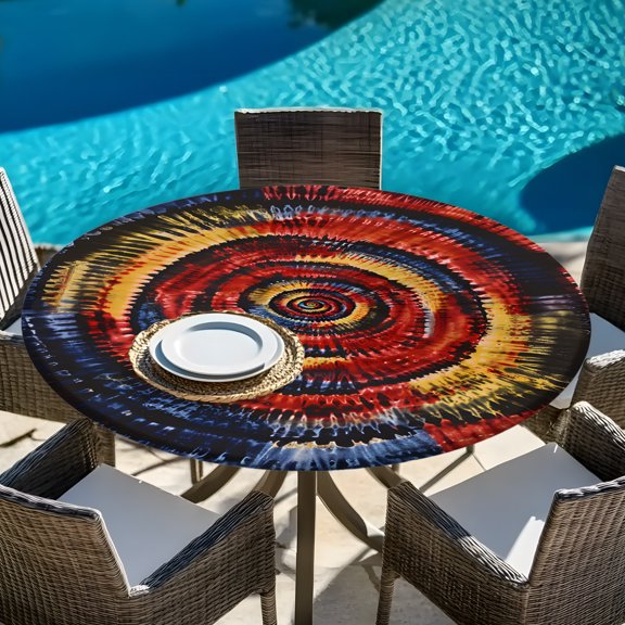 Tie-dye Red Gradient Abstract Style Round Fitted Tablecloth with Elastic Edge,Waterproof Table Cloth Fits Tables Up to 45"-54",Wipeable Table Cover for Indoor Outdoor Dinning,Ethnic Tribal Theme