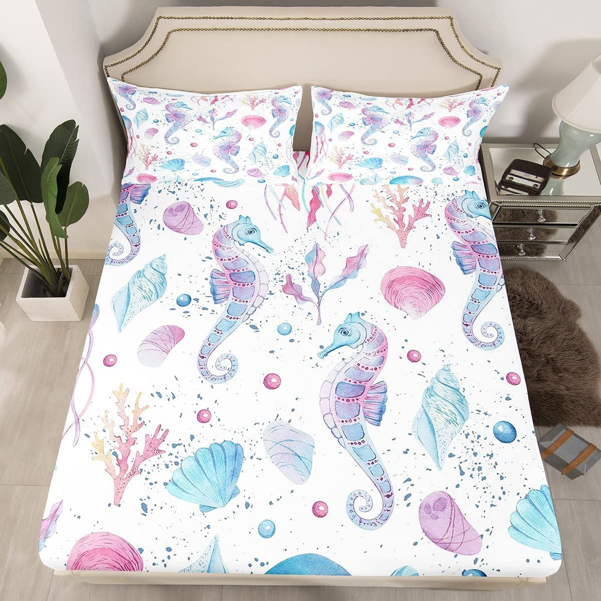 QIBAIDAN Fitted Sheet Vintage Wooden Wall Bed Sheets Summer Beach