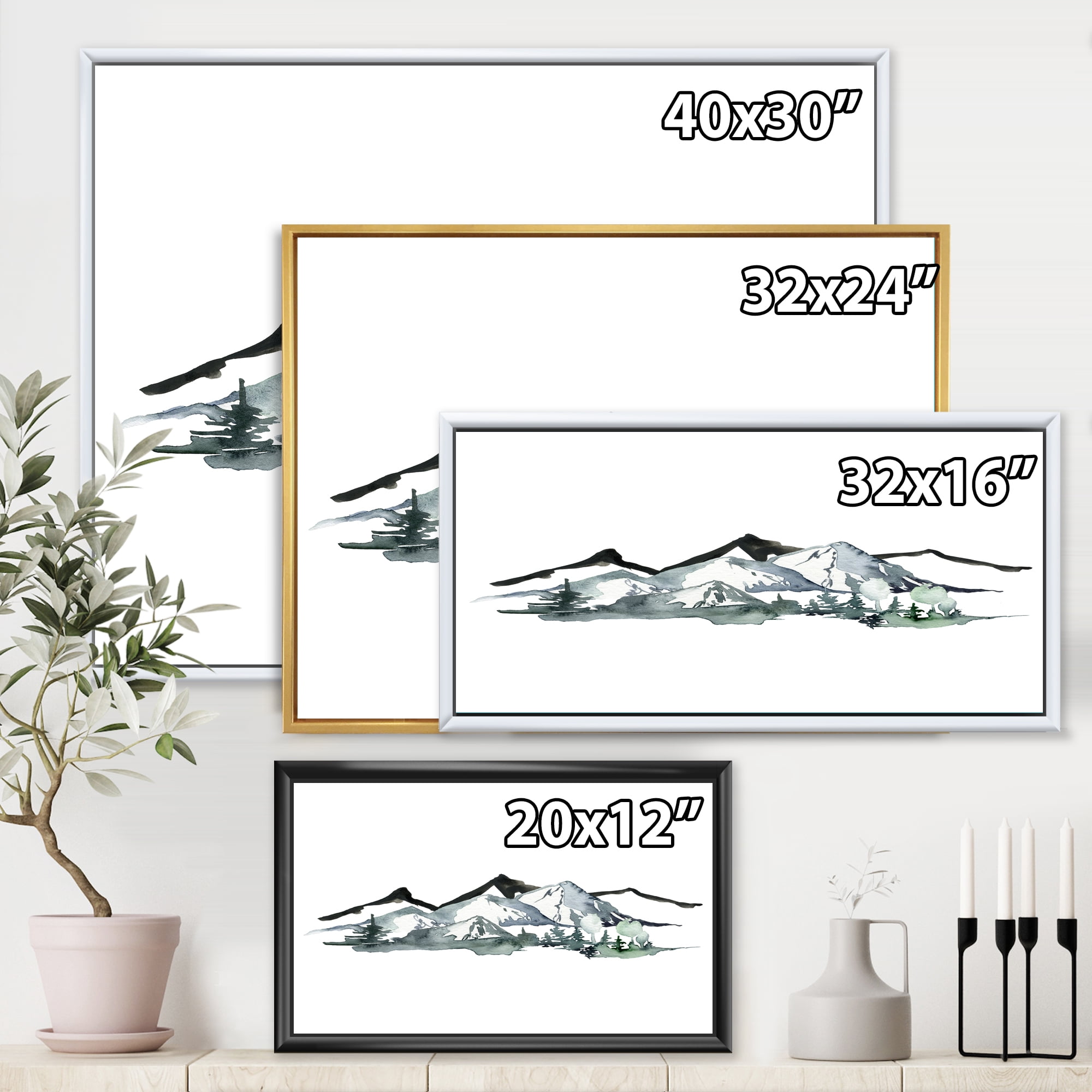 Designart 'Minimalistic Fir Forest and Winter Mountains I' Modern Framed Canvas Wall Art Print