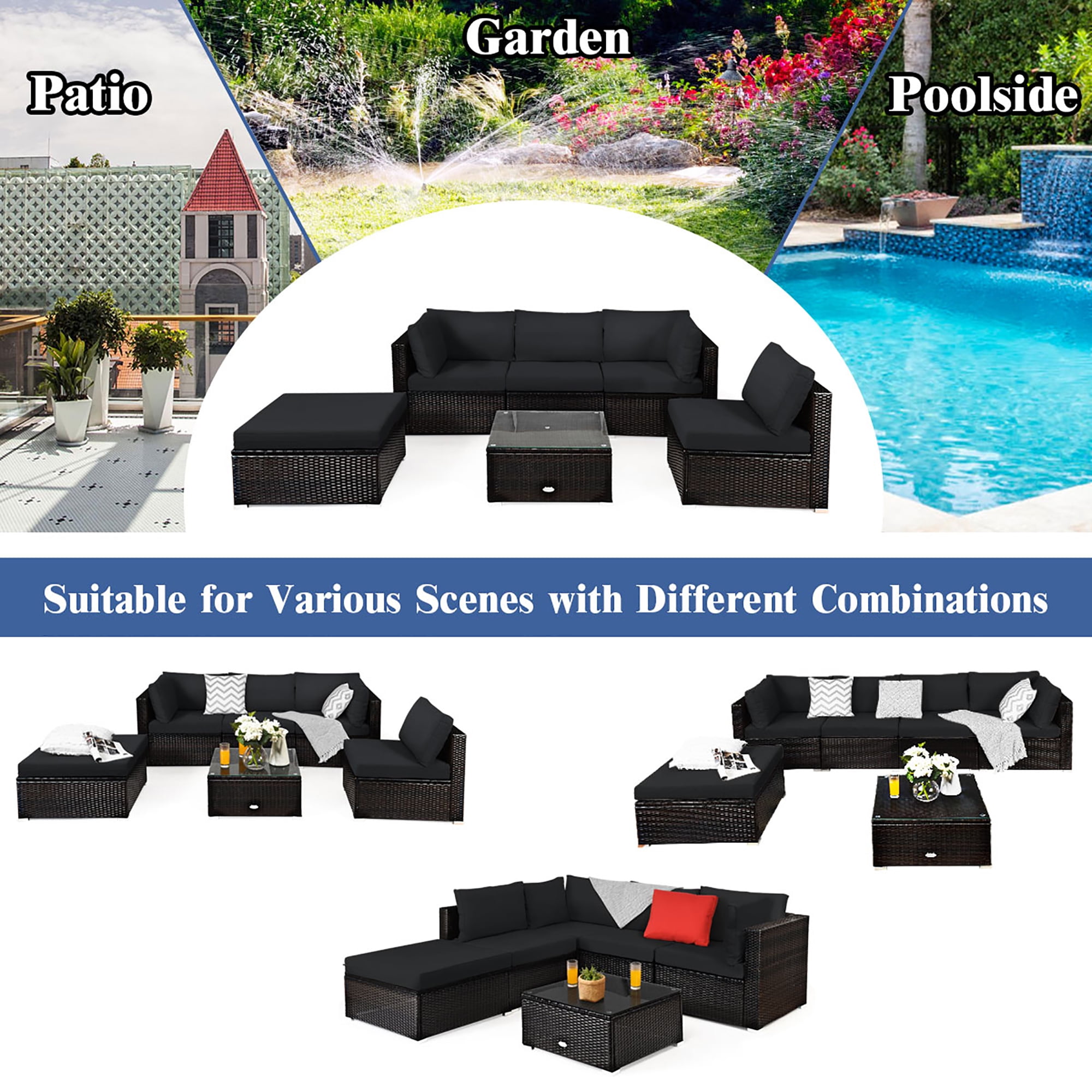 Costway 6PCS Outdoor Patio Rattan Furniture Set Cushioned Sectional Sofa Black