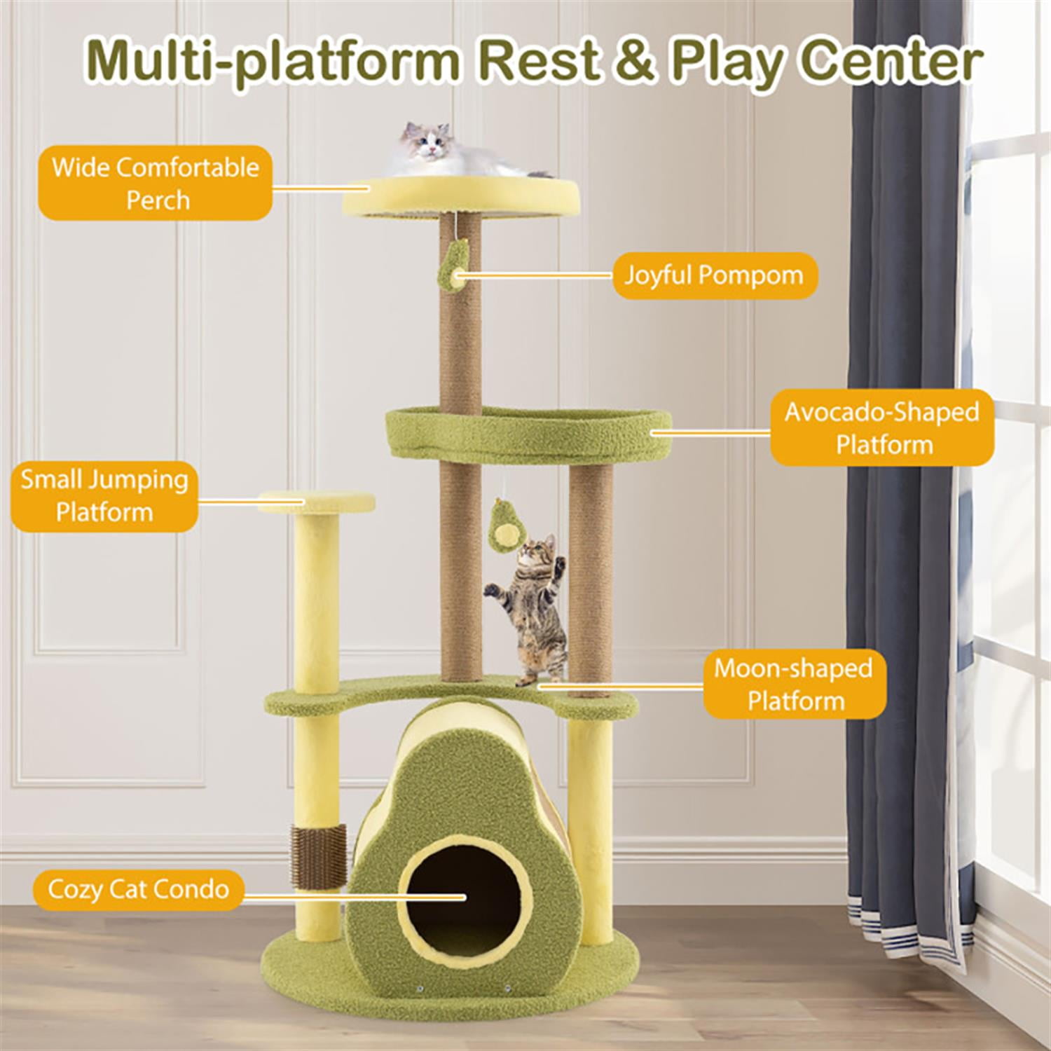 resenkos 49" Cat Tree Tower with Private Condo for Indoor Cats, Multifunctional Plush Cat House with Scratching Posts and Top Perch, Green