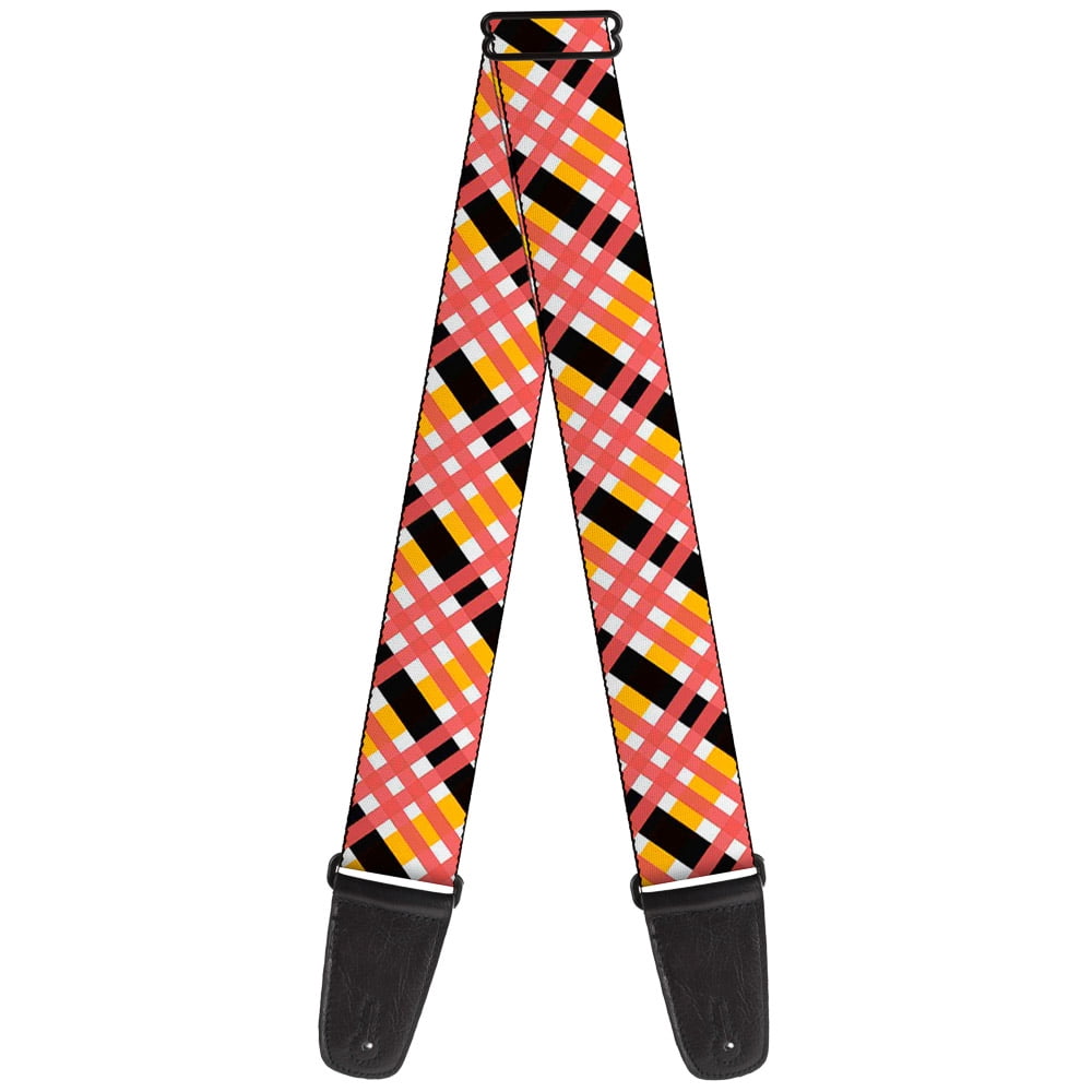 Buckle-Down Guitar Strap, Plaid X White Gold Black Pink, 2 Inches Wide
