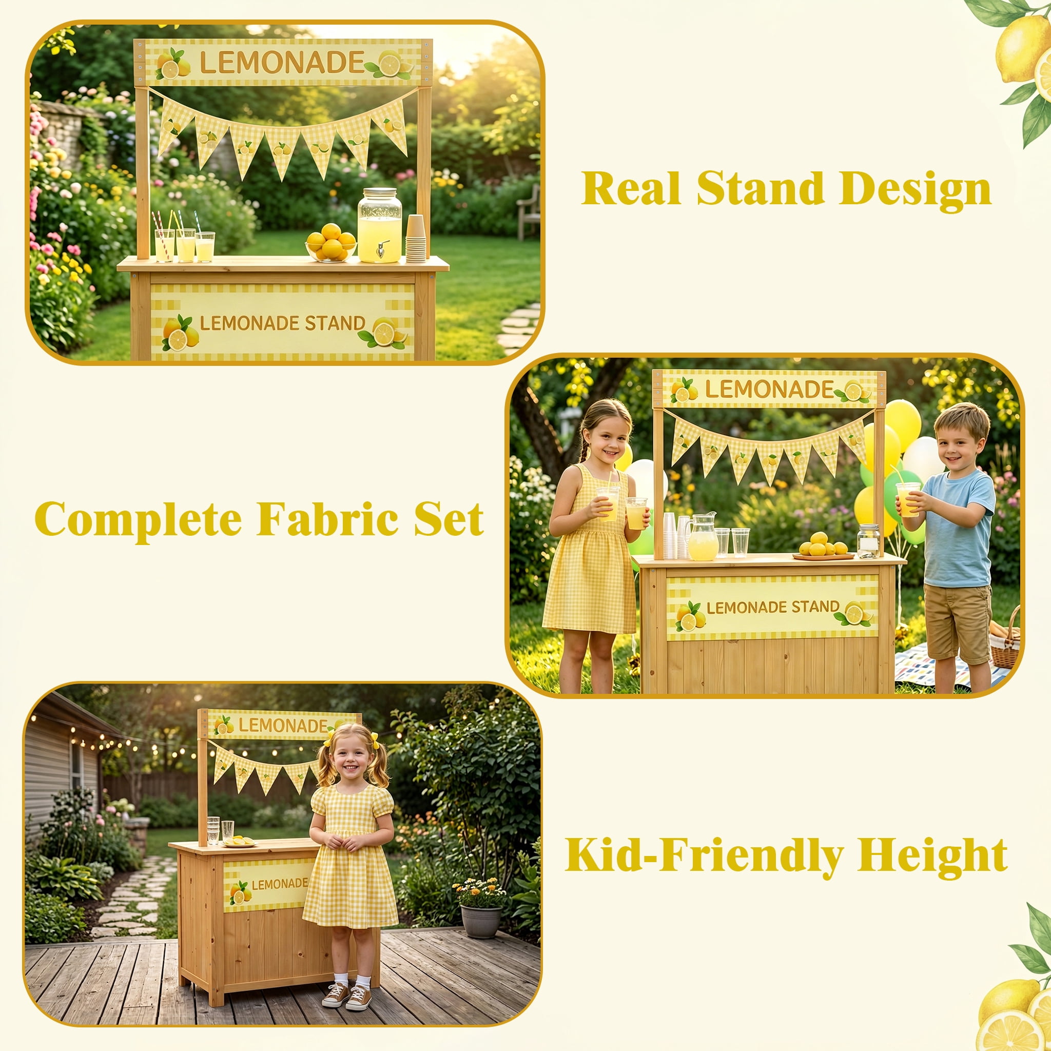 Lemonade Stand for Kids,  Lemonade bar with Fabric Banner & Skirt, 27.5” Counter Height Kids Outdoor Stand for Backyard, Parties & Pretend Play (Ages 5–10)