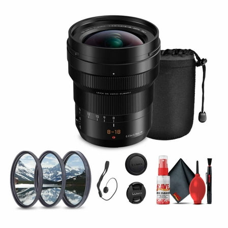 Panasonic Leica DG Vario-Elmarit 8-18mm f/2.8-4 ASPH. Lens (H-E08018) Bundle Including: 64 GB Memory Card, 3-Piece Filter Kit, Lens Caps, Lens Pouch, Cap Keeper, Cleaning Kit, Card Reader, More