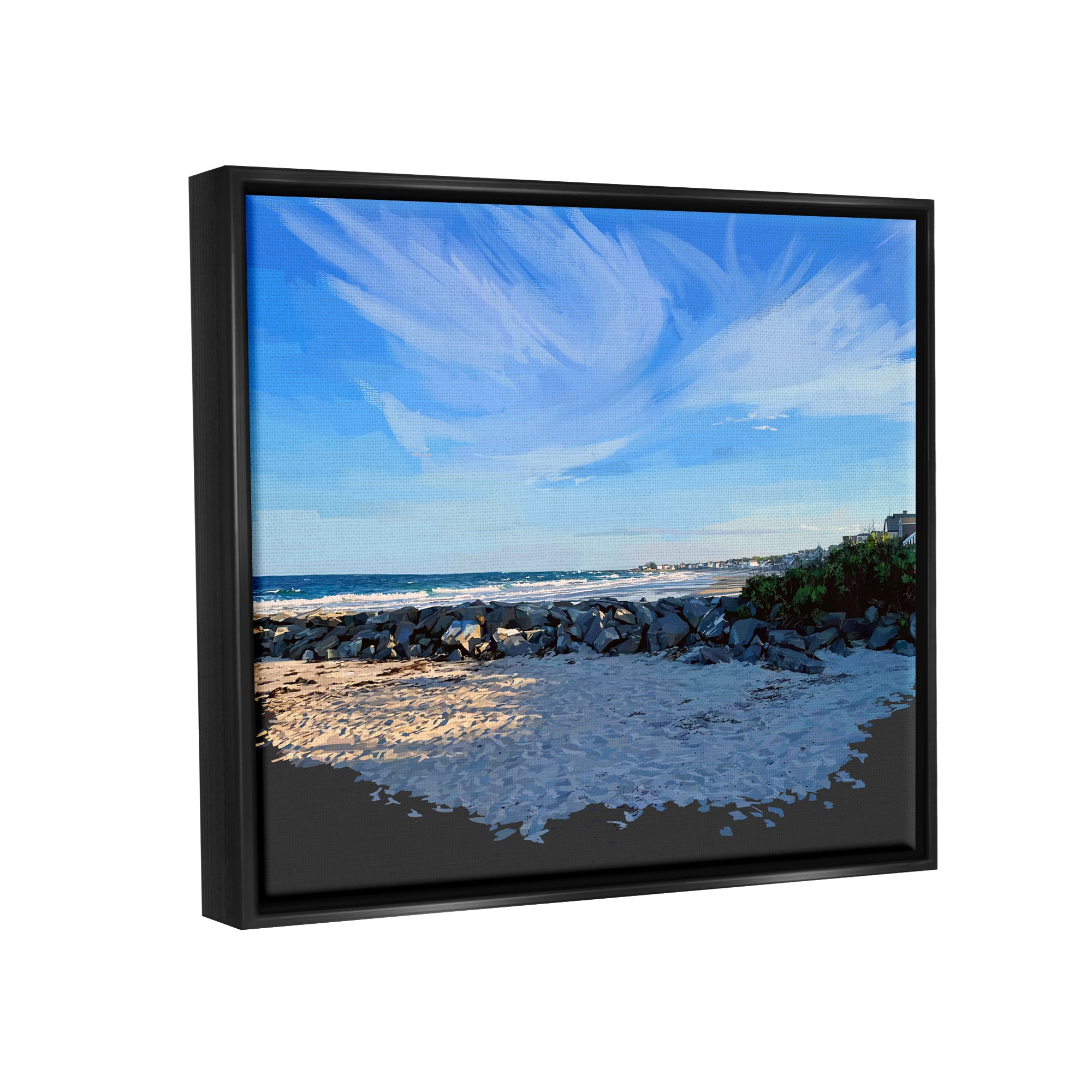 Stupell Rocky Beach Coast Horizon Sky Landscape Painting Black Floater Framed Art Print Wall Art