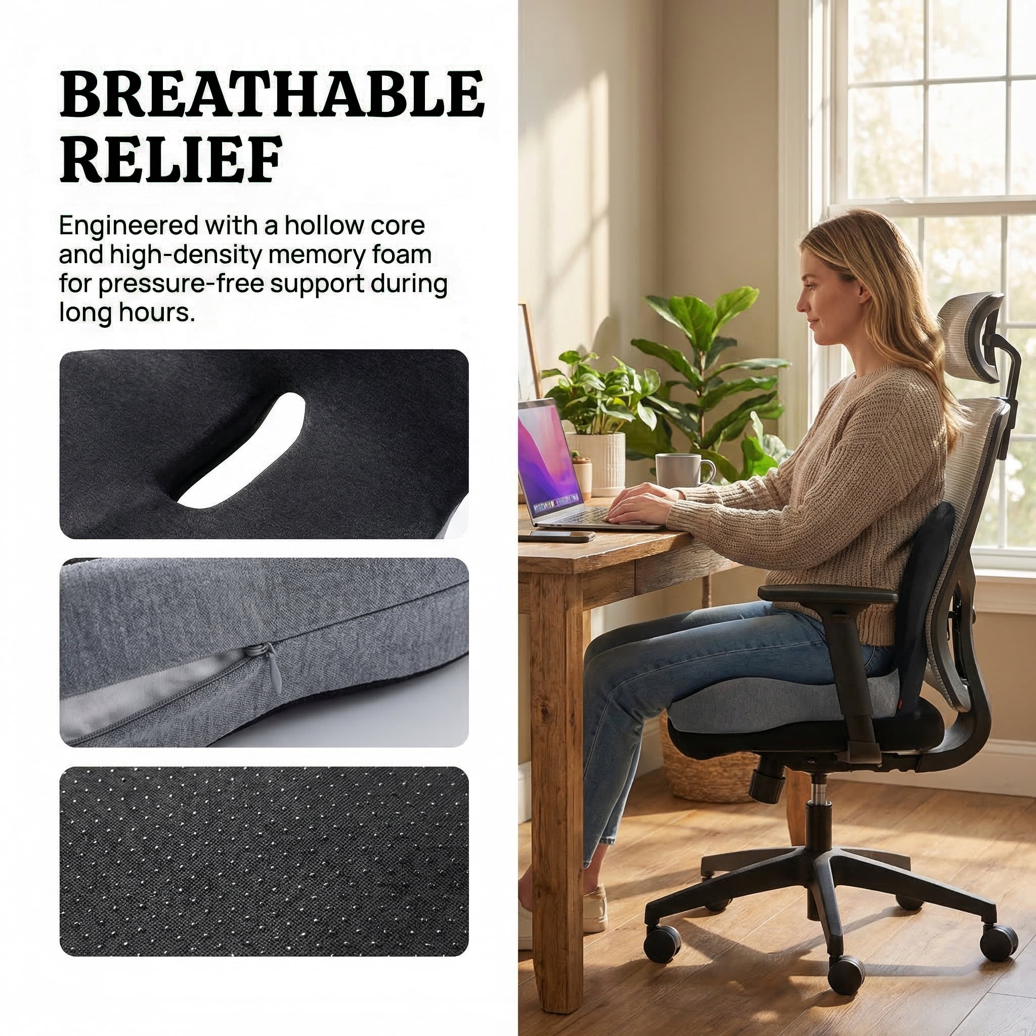 L-Shaped Memory Foam Seat Cushion for Office Chair & Car Seat, Ergonomic Sitting Cushion for Long Sitting Relief, Breathable Hip & Tailbone Support Cushion for Driving, Desk Chair, Wheelchair