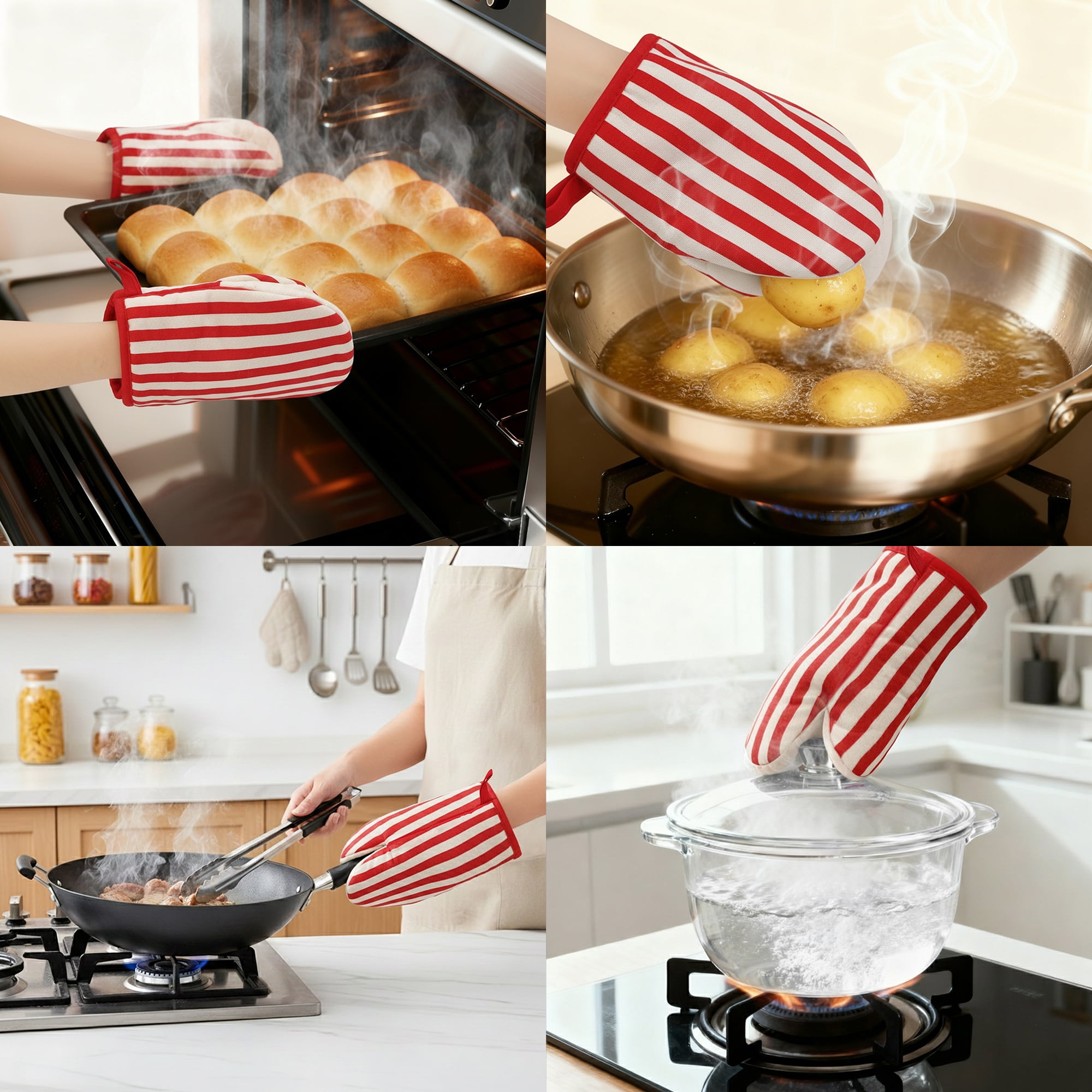 Unique Bargains Oven Mitts Heat Resistant Cooking Gloves Red Stripes 7.1x5.5inch