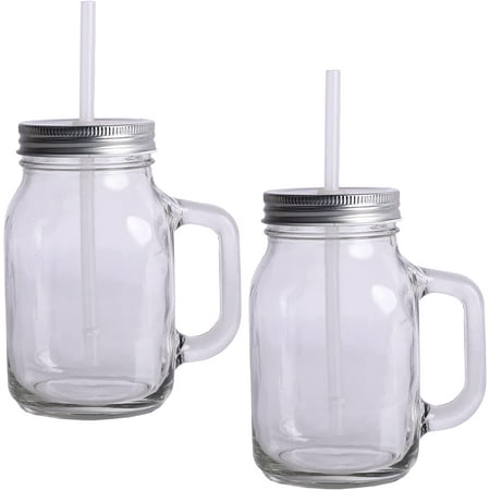 

Glass Mason Drinking Jar 20oz/600mL with Silver Lid & Straw - Set of 2