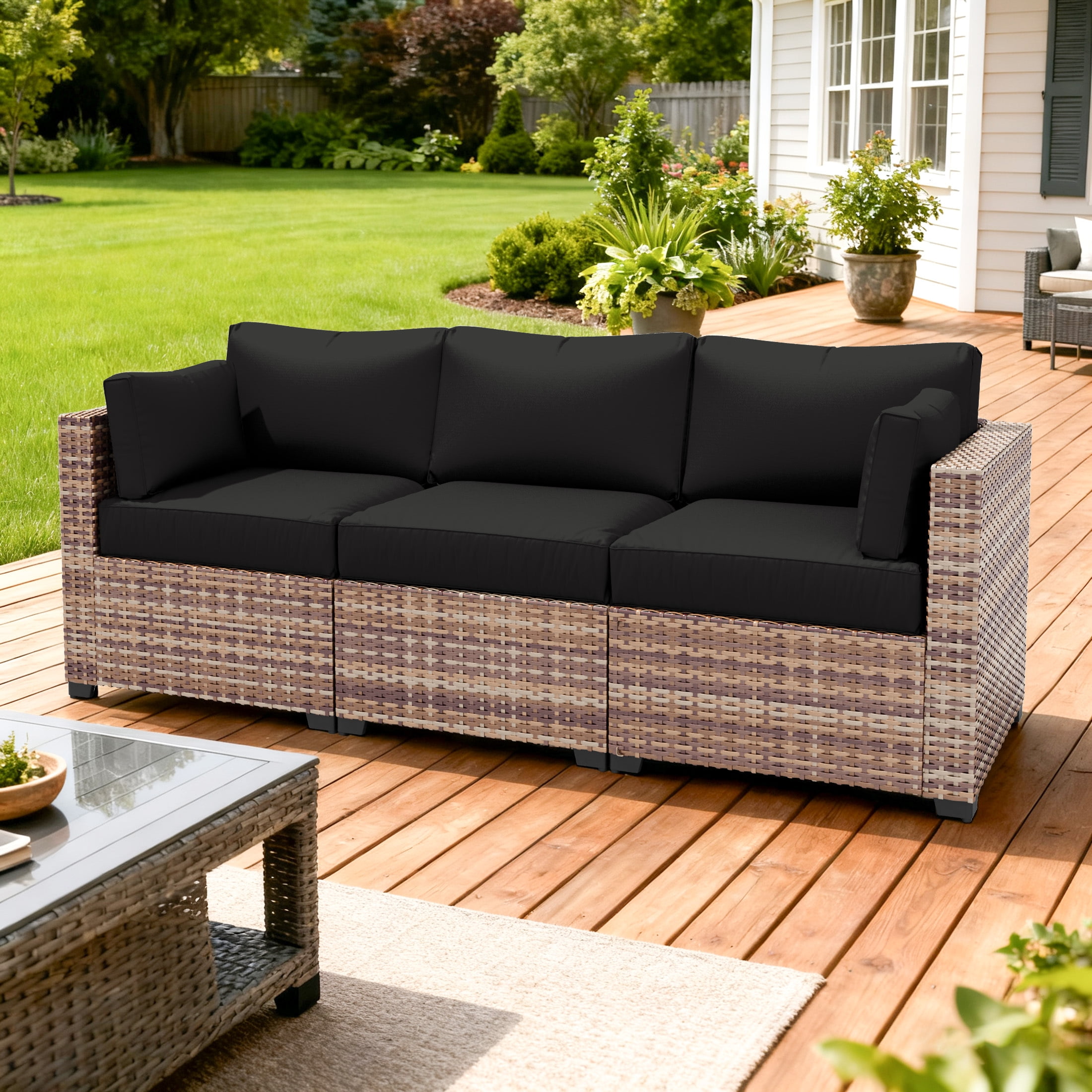 Kimunuk Outdoor Replacement Cushions for Patio Furniture, 4" Foam High-Density, 8-Piece Water-Resistant Outdoor Cushion for 3-Seat Sectional Patio Conversation Sets, Liner&Cover, Black