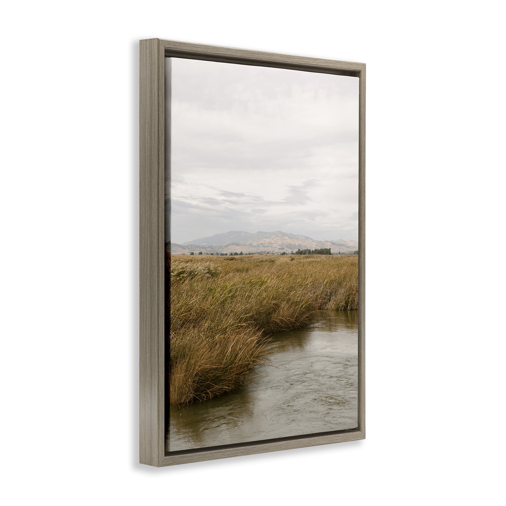 Stupell Industries Marshland with Distant Mountain Landscape & Nature Photography Brown Floater Framed Canvas Art Print Wall Art, 21 x 31