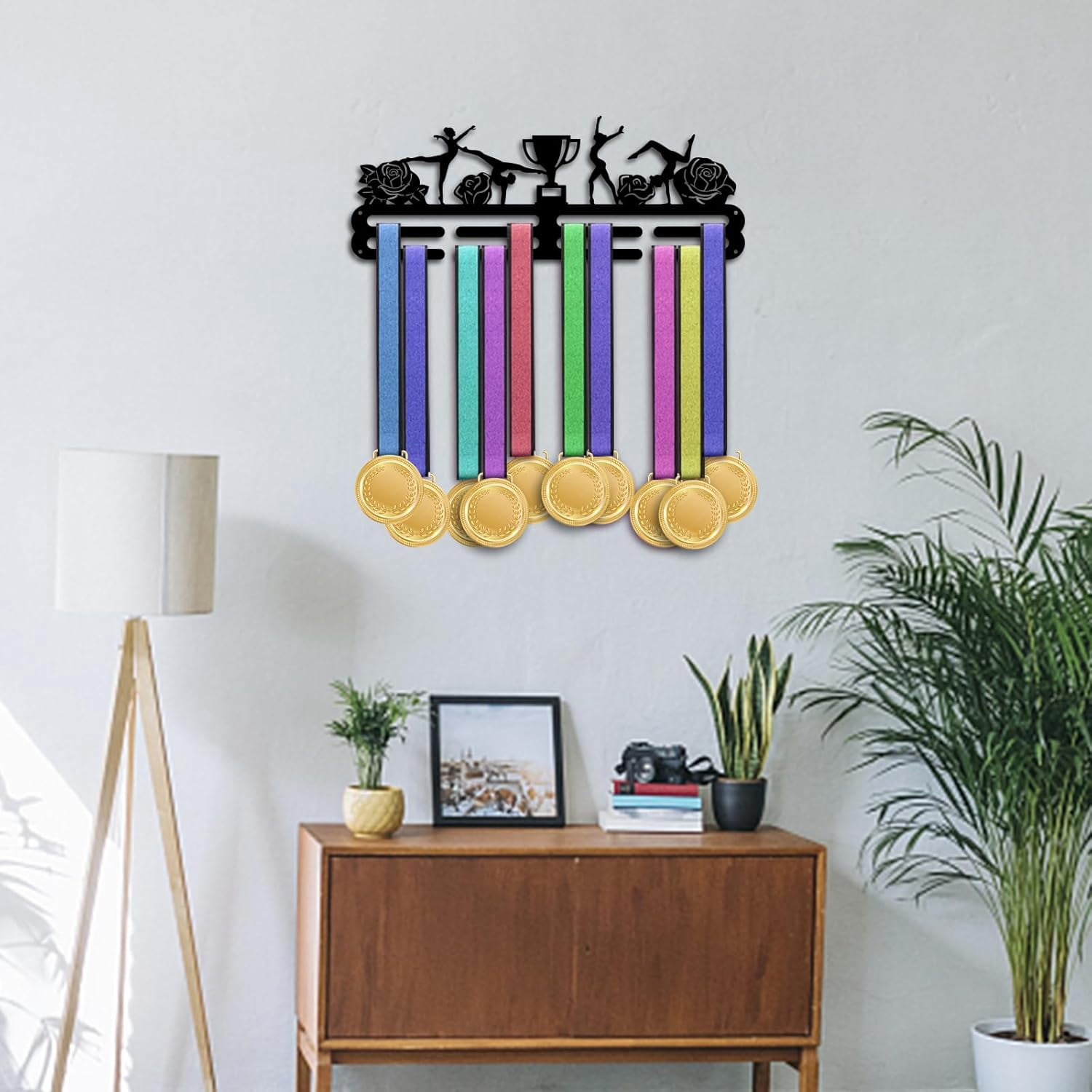 PH Gymnastics Medal Holder Flower Medal Hanger Display Rack Wall Mount Hanger Decor Trophy Shelf Tiered Award Rack Award Ribbon Hanger for Over 50 Medals Easy to Install 15.75 Inch Black