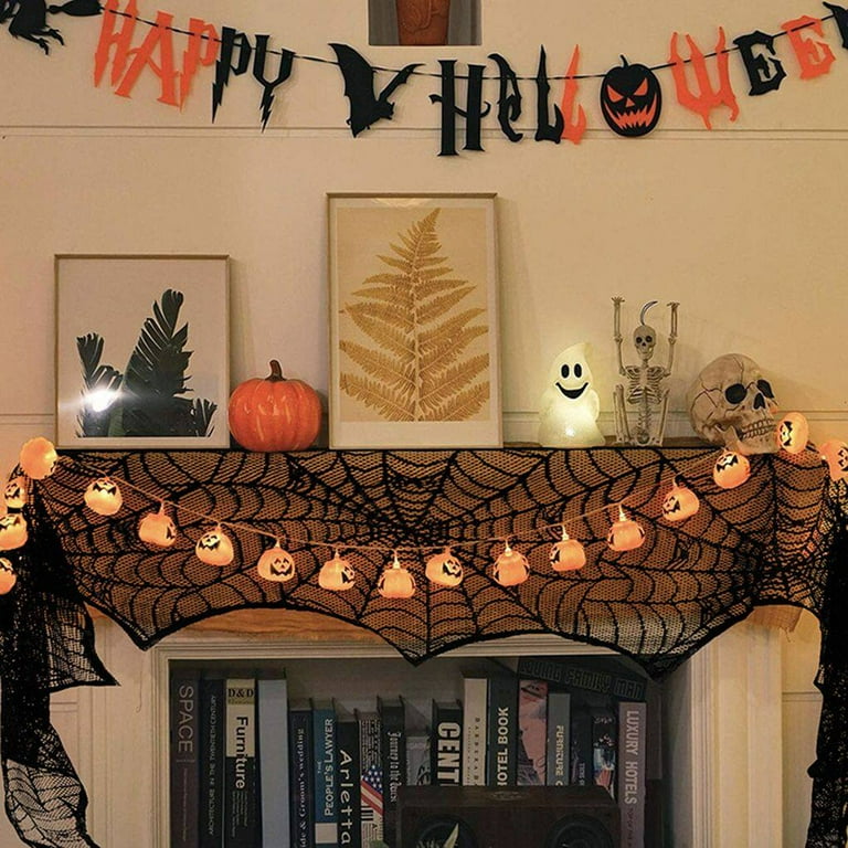 BCELIFE Spiderweb Fireplace Scarf,Mysterious Halloween Party Decoration Black Lace Cobweb Mantle Scarf Cover For Door Window Festive Party Supplies 18 X 96 Inch Black