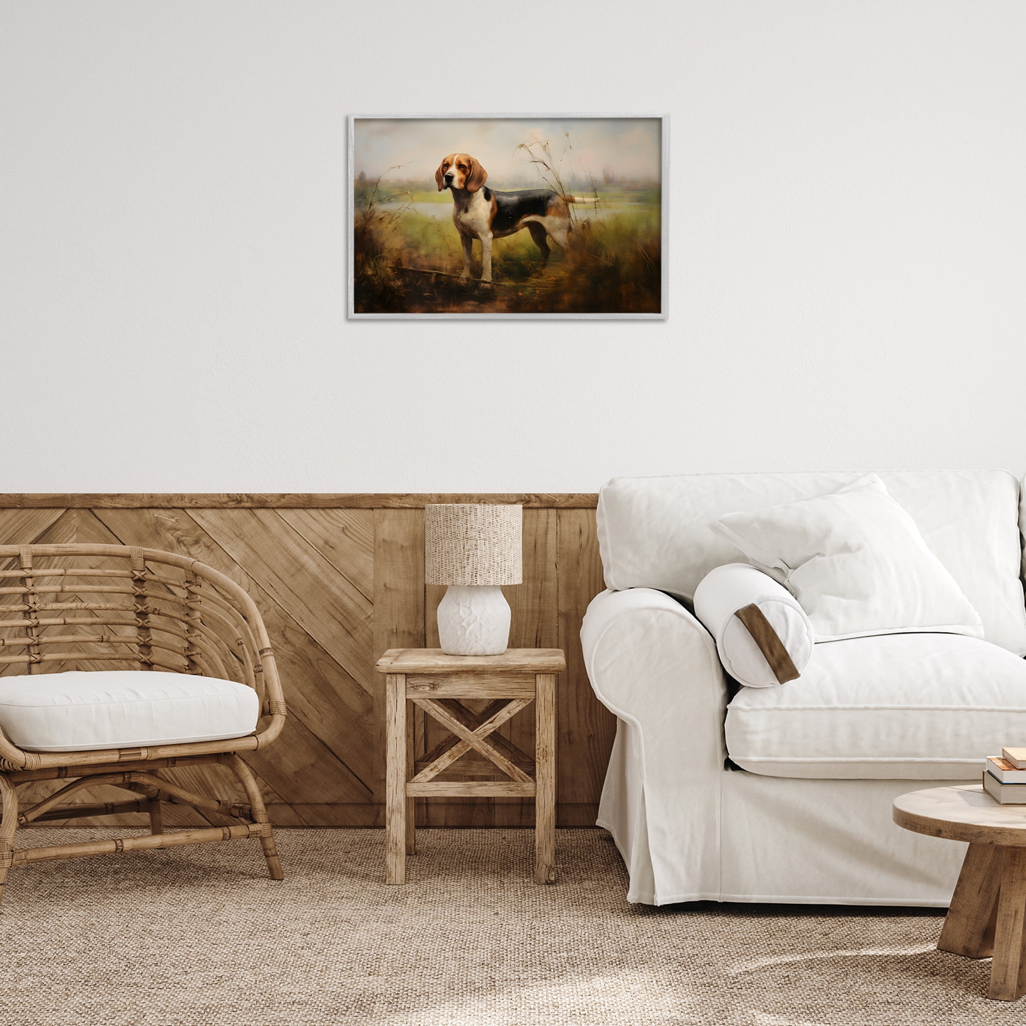 Stupell Industries Beagle Dog Rural Field Landscape Painting Gray Framed Art Print Wall Art, 24 x 16