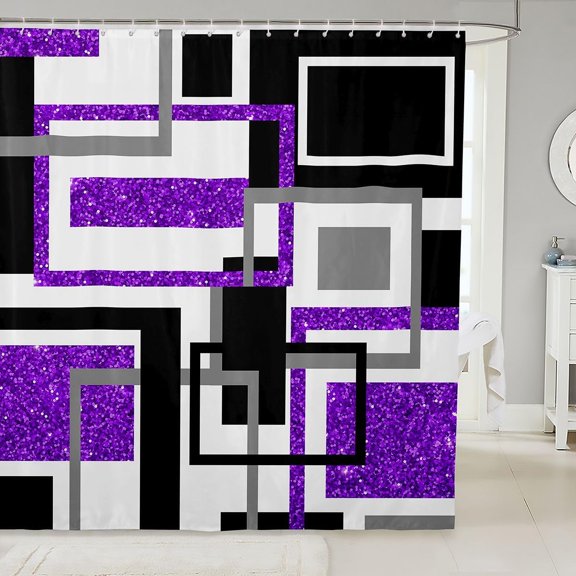Purple And Black Abstract Geometric Shower Curtain Modern Glitter Block Design Waterproof Fabric Bath Curtain with Hooks 71x71 Inches