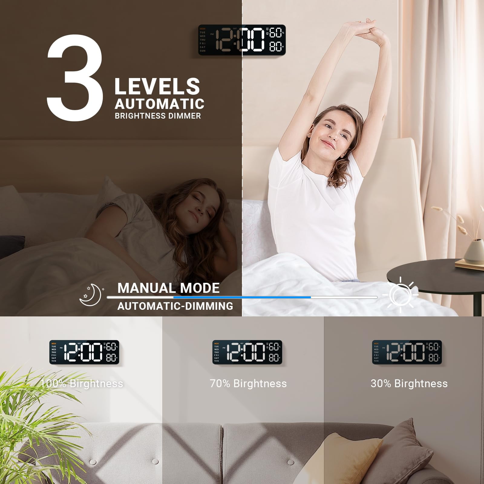10" Digital Wall Mount Clock: Dual Alarm Wall Mount Decor Clock for Living Room Classroom Office Desk, House Warming Gifts New Home Decor, White