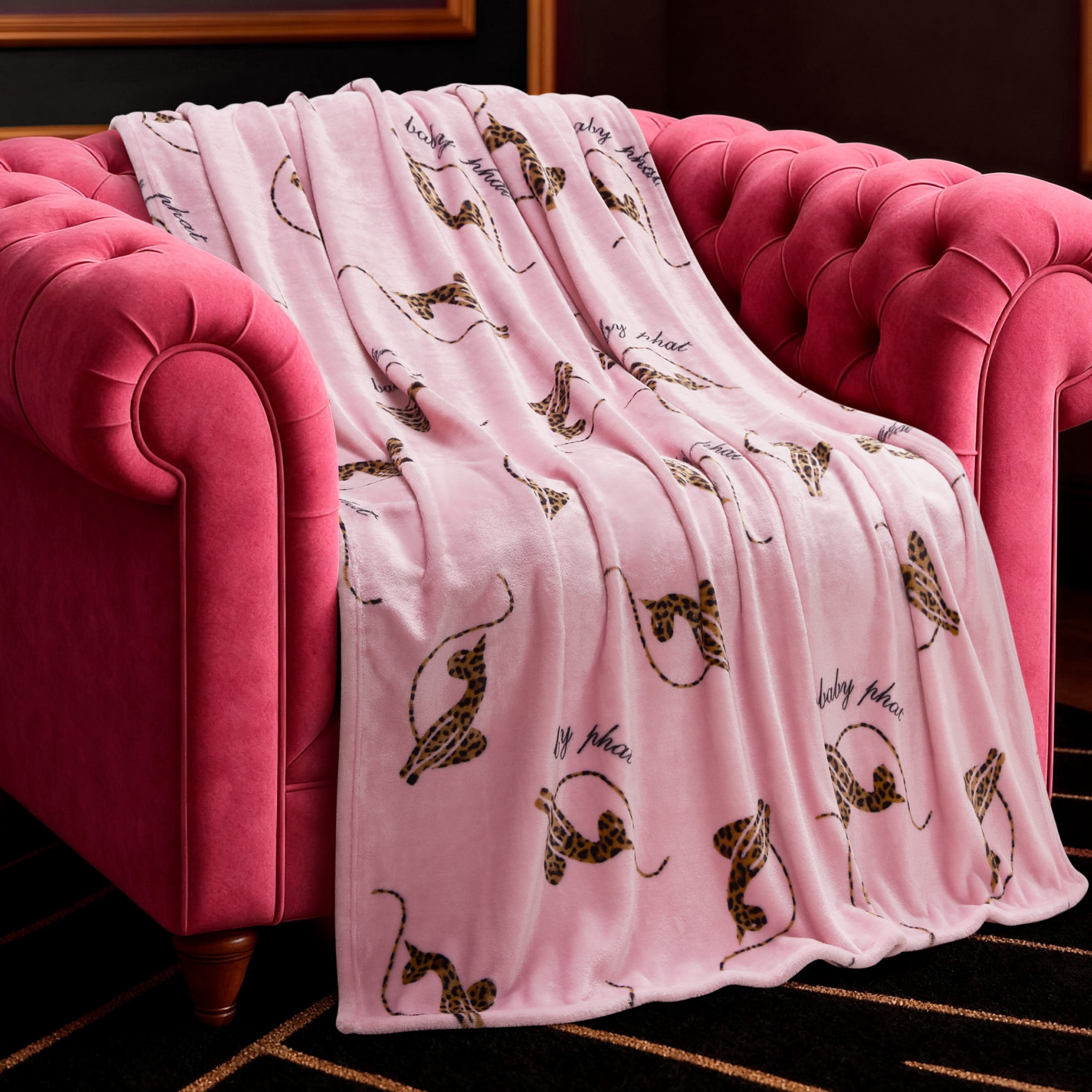 Baby Phat Oversized Plush Throw Blanket 60" x 70", Leopard Cats Tossed Logo Pink