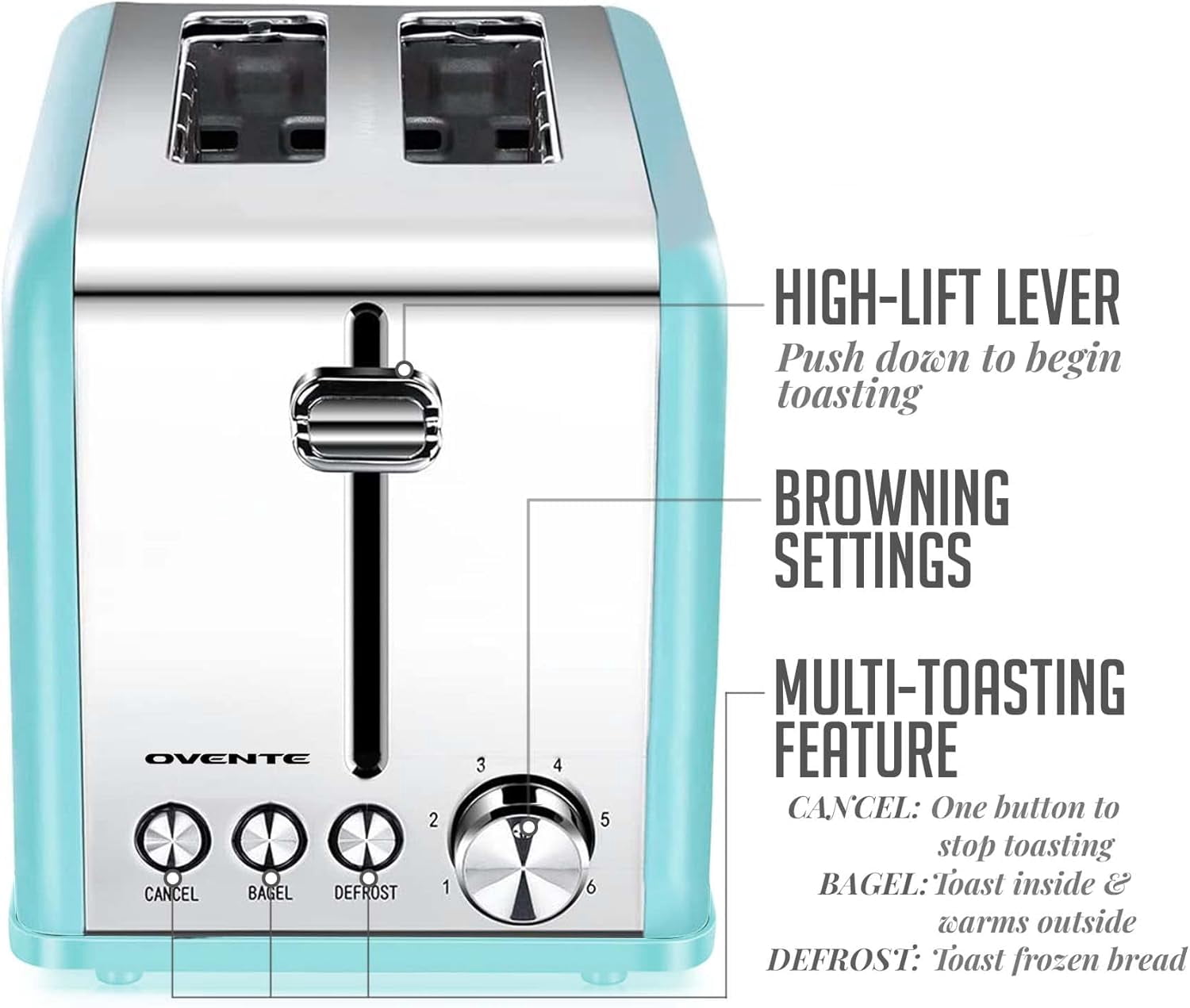 OVENTE 2-Slice Electric Toaster, 825W with 6 Browning Settings, Bagel, Defrost, Cancel Functions, Extra-Wide Slots, Stainless Steel Retro Countertop Toaster, Turquoise TS2450T