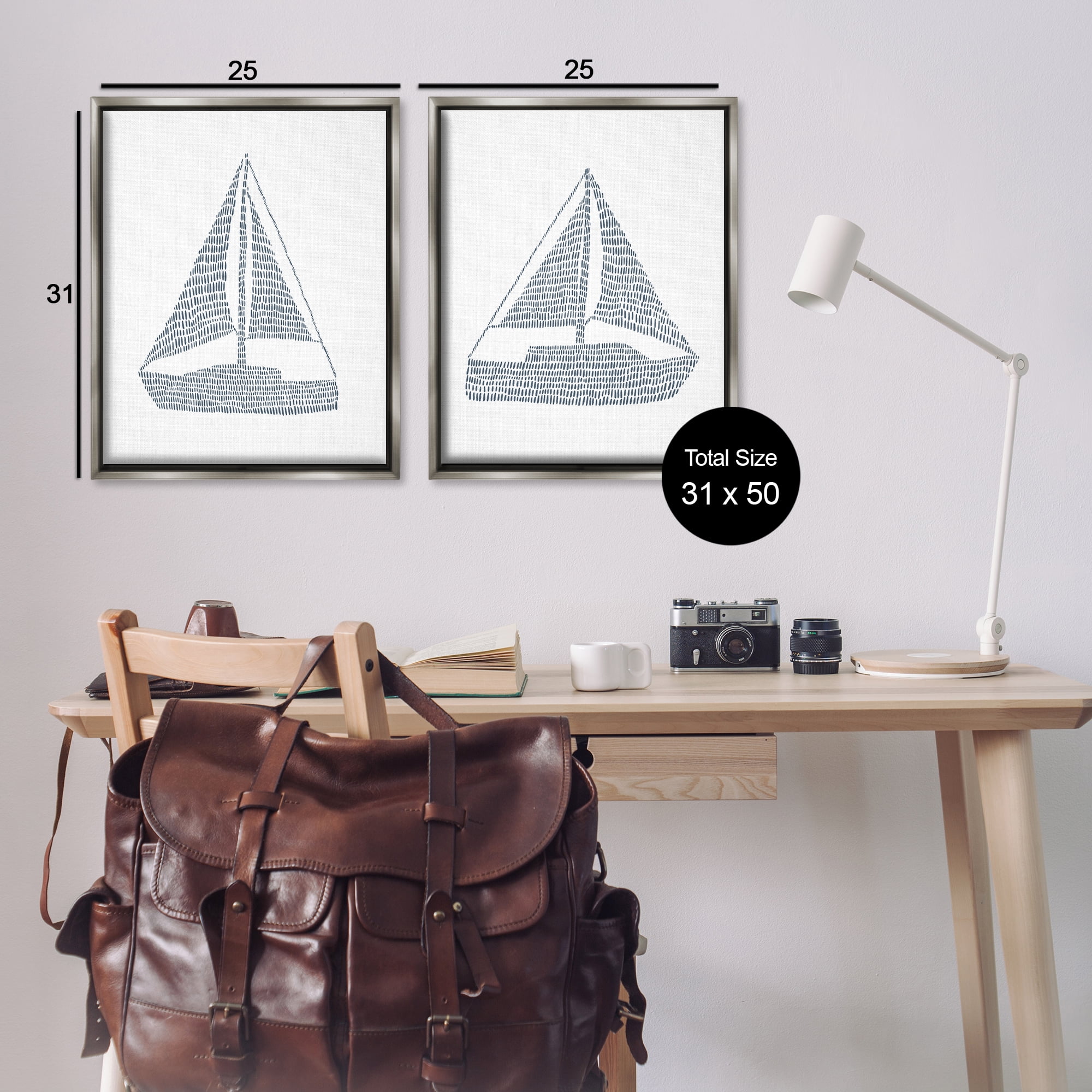 Stupell Industries Simple Lines Nautical Sailboats Nautical & Beach Painting Gray Floater Framed Canvas Art Print Wall Art, 31 x 25, Set of 2