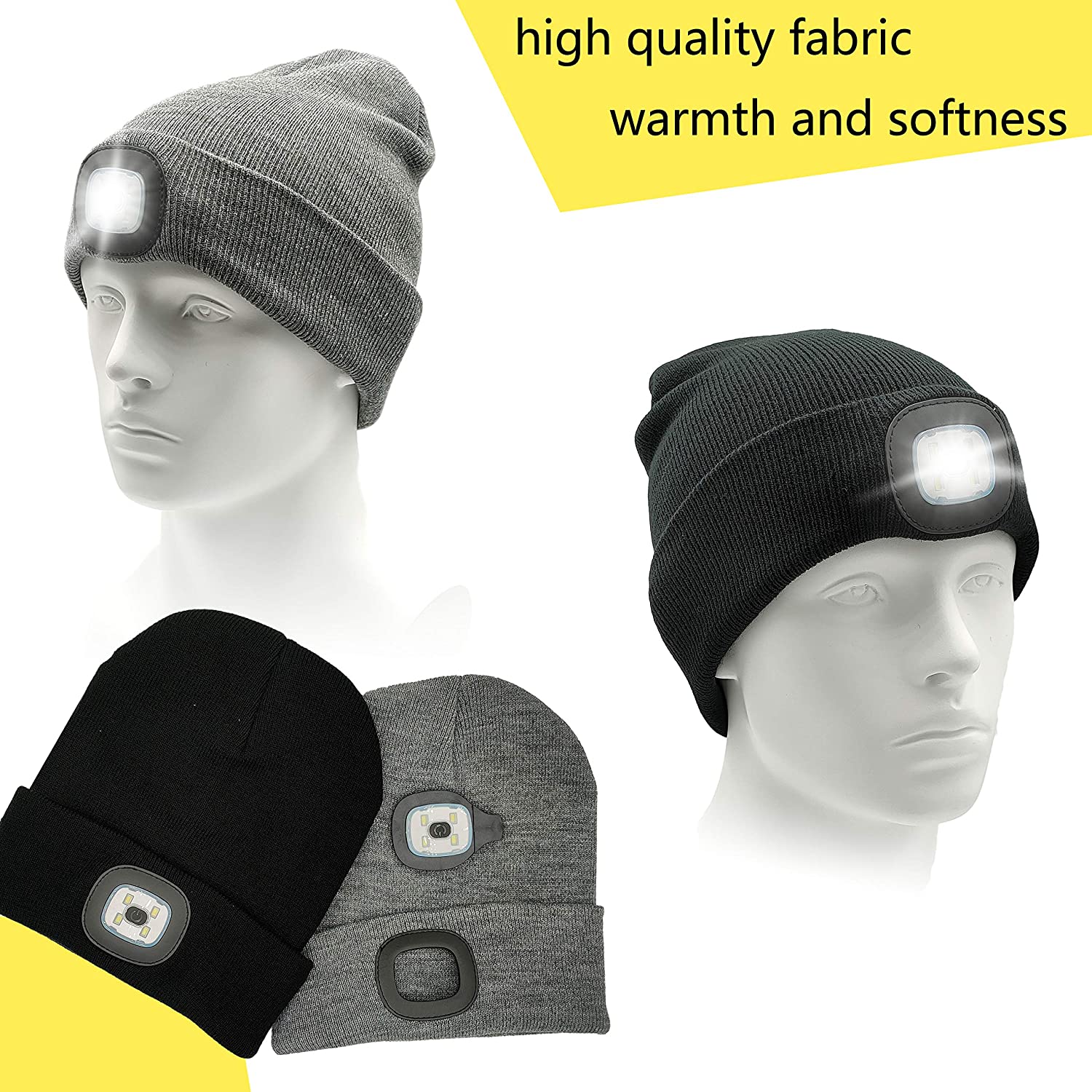 LED Beanie Hat with Light, Unisex USB Rechargeable Hands Free LED  Headlamp Cap, Winter Knitted Headlight, Men Gifts for Dad Husband (Gray) 