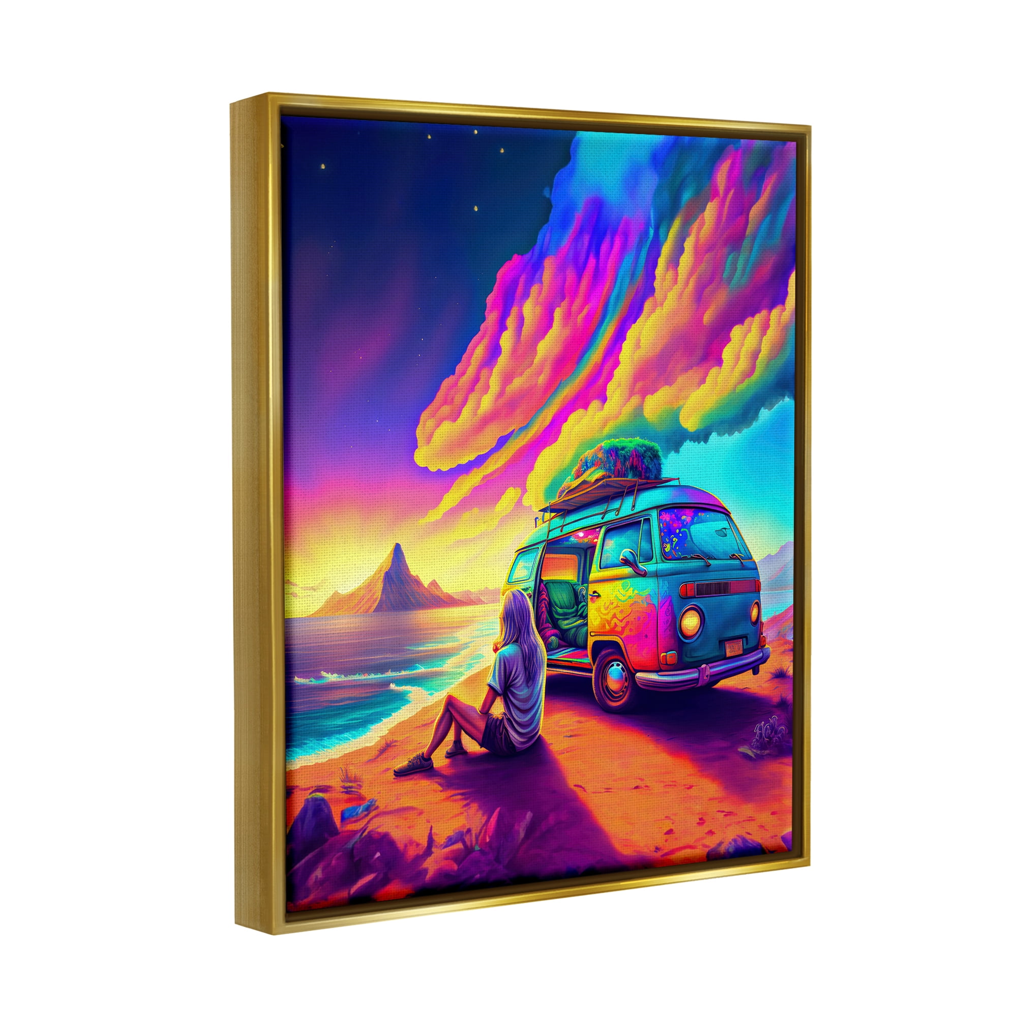 Stupell Industries Vacation Van on Beach Landscape Painting Gold Floater Framed Canvas Art Print Wall Art, 25 x 31