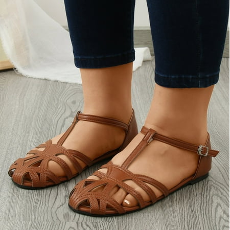 

Cathalem Ladies Fashion Solid Color Leather Hollow Toe Soft Flat Buckle Sandals Women Sandals 9 Brown 7.5