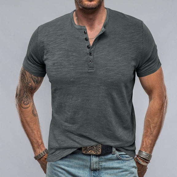 Mens T-Shirts Short Sleeve,Men's Henley Shirts Summer Short Sleeve Regular Fit Tops Solid Color Vintage Casual Button Neck T-Shirts for Men 2026