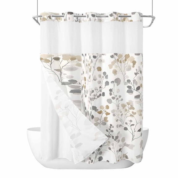 Grey Brown Botanical No Hook Shower Curtain Waterproof, Bathroom Curtains with Snap in Liners and See Through Top Window, Summer Leaf Watercolor Hotel Style Bathtub Curtains Shower 60"Wx72"L