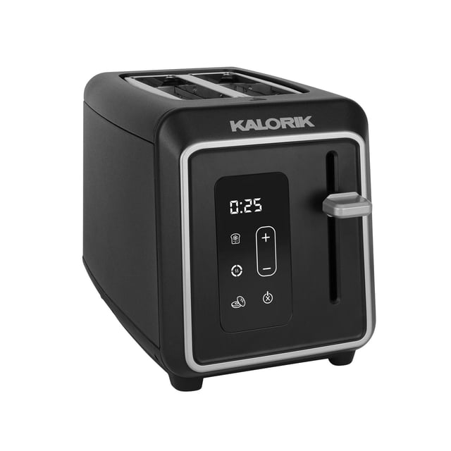 Kalorik Designer Series black and silver 2-slice toaster with digital timer display and control buttons.