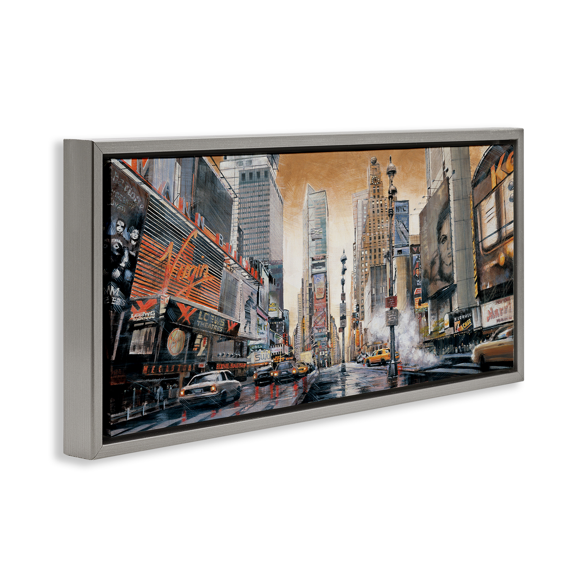 Stupell Industries New York Cityscape Scenery Painting Gray Floater Framed Art Print Wall Art, 31 x 14