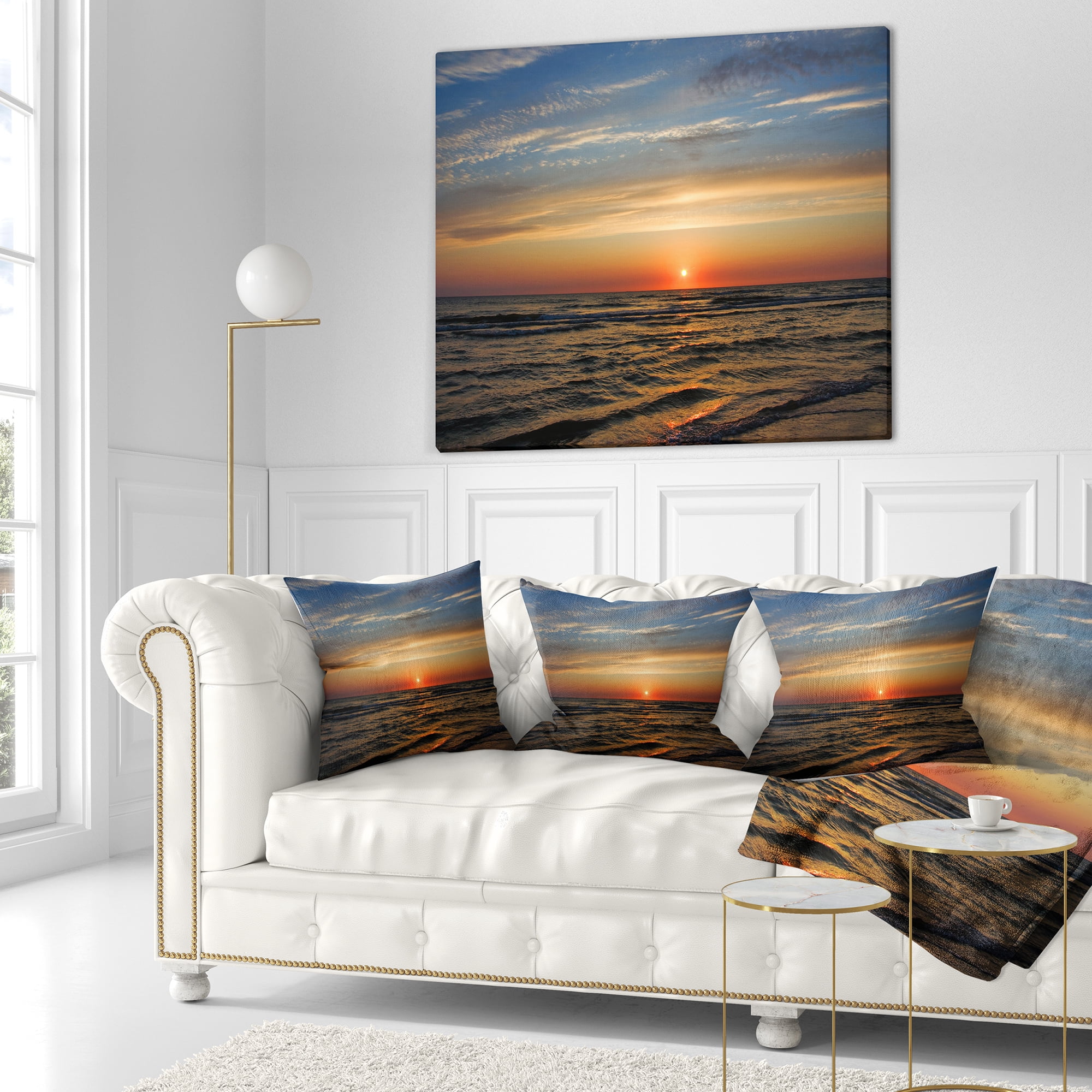 Designart Red Sunset with Dark Ocean Waves - Seascape Throw Pillow - 16x16