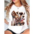 thumbnail image 1 of Women's Maroon Graphic T-Shirt - High Heels & Makeup Design, Casual Short Sleeve Round Neck Top for Spring & Summer, Vibrant Cosmetic Print, Soft Cotton Blend, Machine Washable, 1 of 6