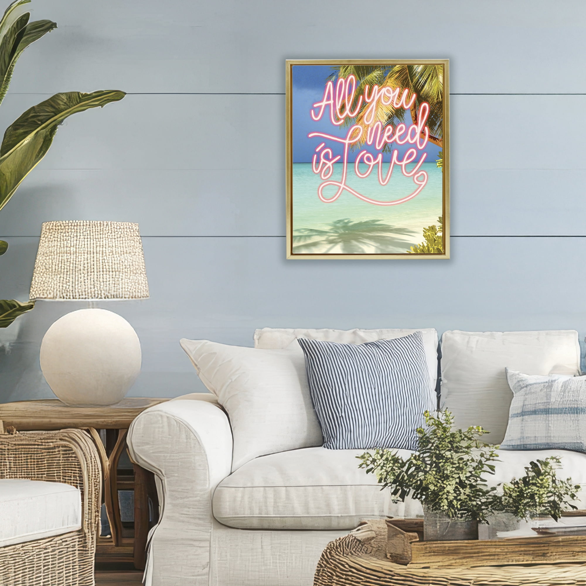 Stupell Industries Tropical All You Need Is Love Gold Framed Floater Canvas Wall Art, design by Amber Sterling