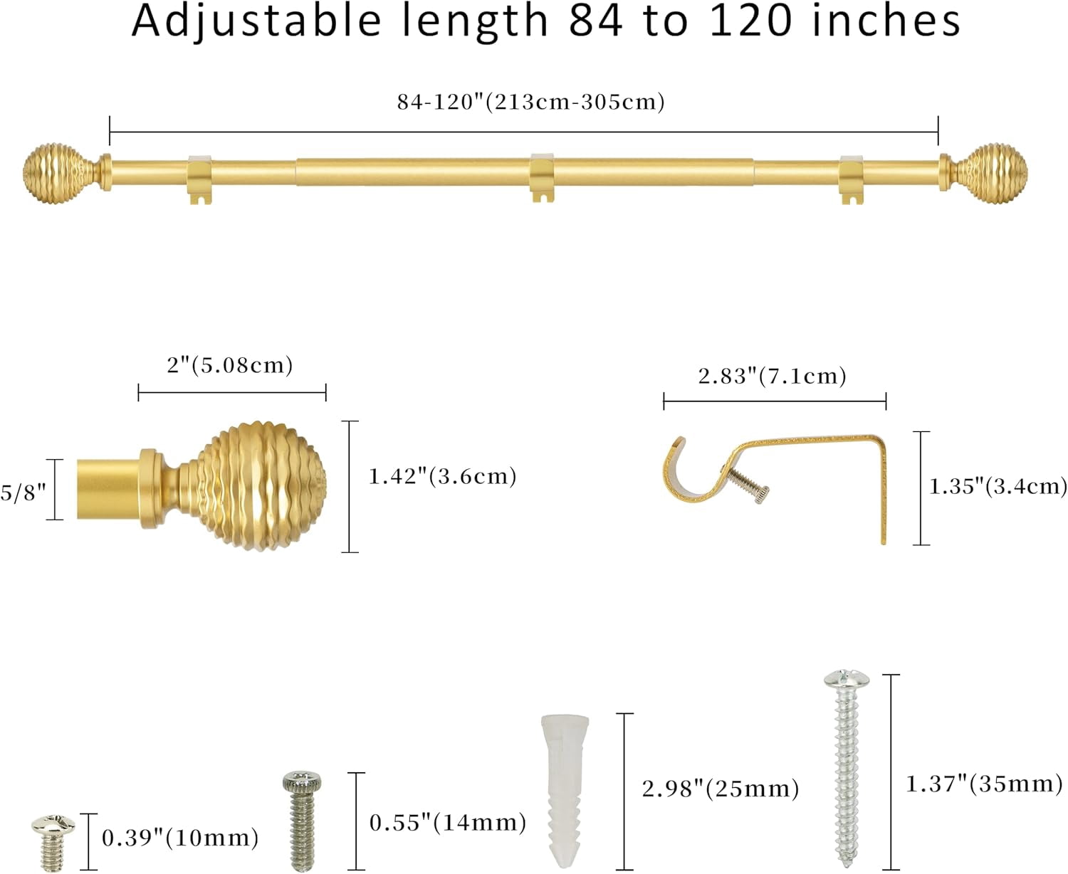eTeckram 5/8" Single Curtain Rod with Boule Finials,Gold,84‘’-120‘’