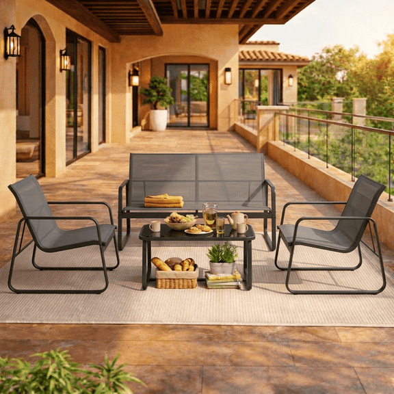 4-Piece All-Weather Steel Patio Conversation Set - Thick Cushioned Outdoor Sofa with Tempered Glass Coffee Table, Waterproof Backyard/Porch/Balcony/Poolside Furniture Beige