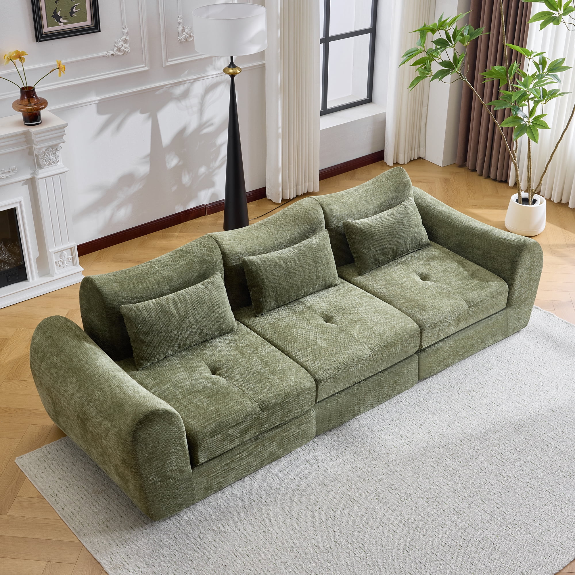 BSHTI 101.58" Chenille Modular Cloud Sofa, Comfortable Sectional Sofa with Convertible Folding Design for Living Room（Green）