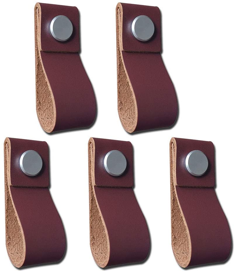 Set of 5 Handmade Leather Door Handles for Drawer, Kitchen