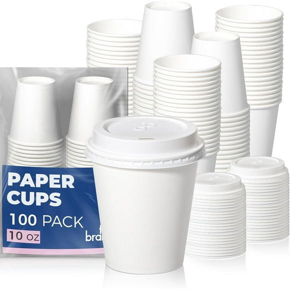 missunny-100 Pack 10 oz Disposable Coffee Cups with Lids, Premium To Go Paper Cups, Leak Proof Hot Coffee Cups with Lids for Travel, Office, Hot/Cold Beverages (White Lids)