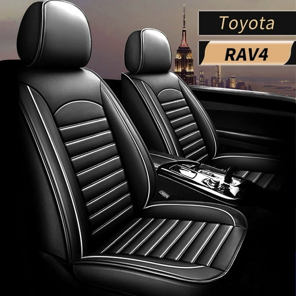 AOMSAZTO Fit Toyota RAV4 2007-2021 Black & White Car Seat Cover 5-seat Faux Leather Full Set Compatible airbag