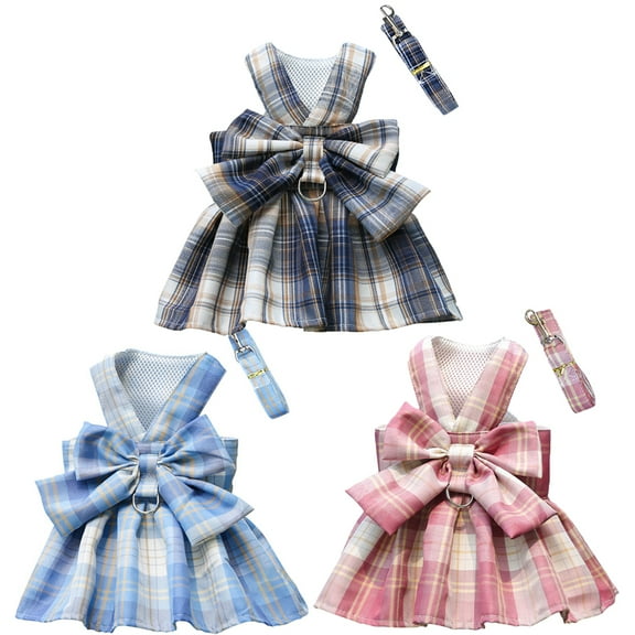 Monfince Dog Dress Harnesses with Leash Set 3 Pack JK Plaid Puppy Girl Skirt Doggy Dresses with Leash Ring Bunny Doggie Clothes for Small Medium Dogs Outfits Cat Apparel, 2XL