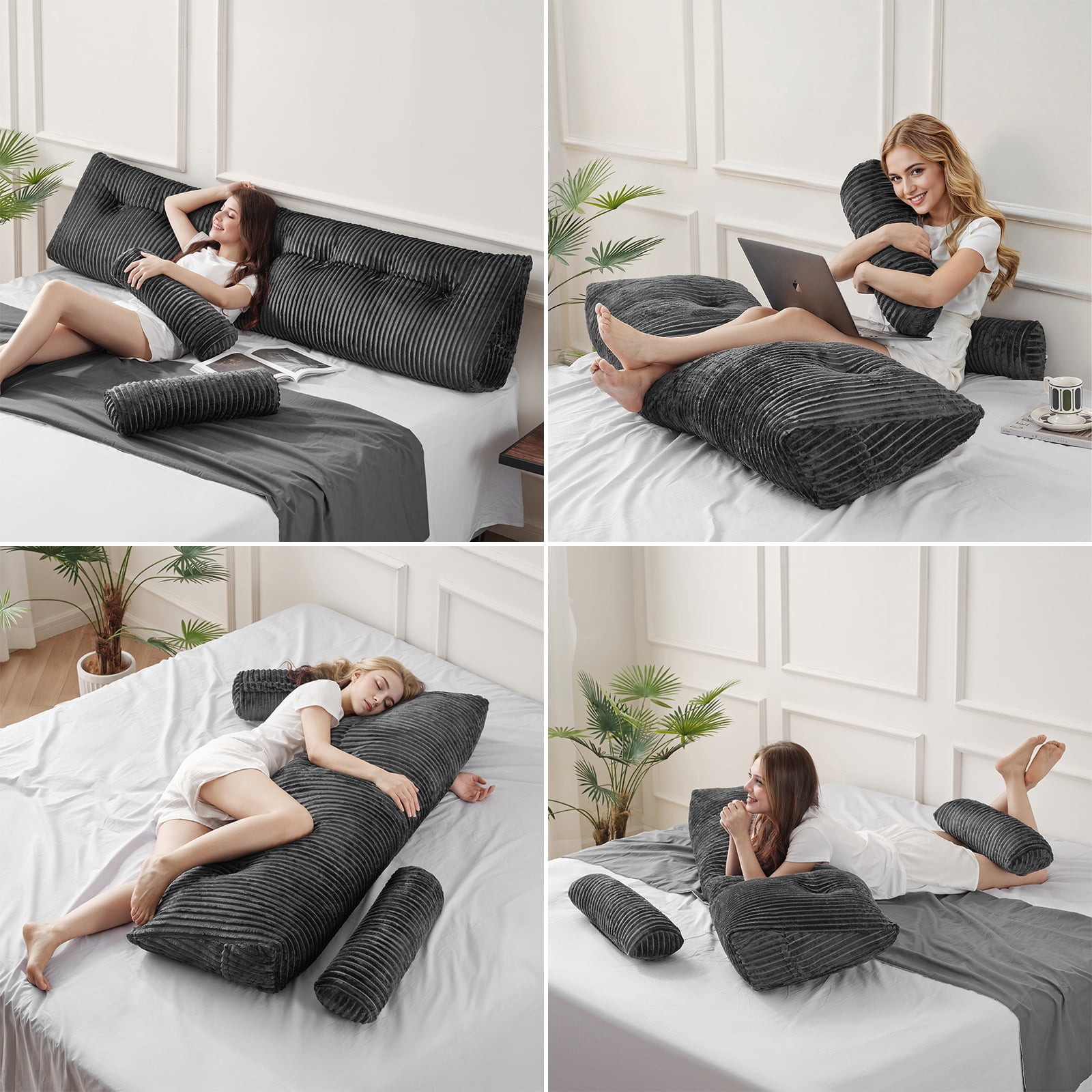 King Triangular Headboard Pillow, King Size Wedge Headboard Pillow with 2 Roll Pillows, King Bed Reading Pillows Large Backrest Wedge Pillow (Gray, King: 76”x20”x8”)