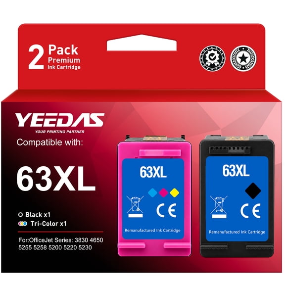 63XL Copier Ink Tricolor and Black Compatible For Officejet 3830 4650 5200 5255 Envy 4520 4512 Deskjet 1112 3630 Printer (2 Pack)