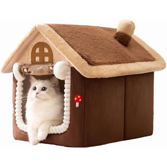 Upgraded Enclosed Warm Cat House for Indoor Cats, Cozy Cat Cave Bed Kitty Tent with Door Curtain, Soft Pet House,Condos,Cats Hideaway for Small Medium Cats&Dogs (Brown, Medium)