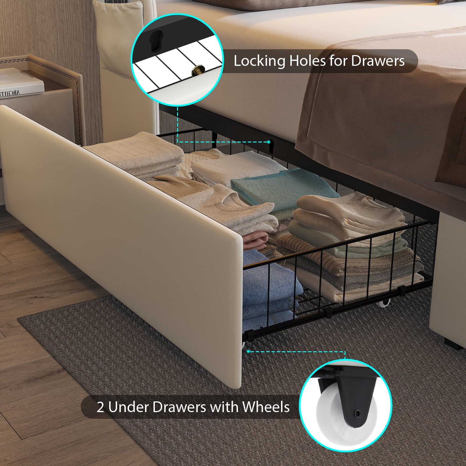 E-motie Queen Bed Frame with 2 Storage Drawers, Upholstered Headboard with LED Light & Charging Station, Diamond Tufted Style, Pu Leather, White