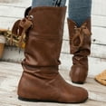 thumbnail image 5 of Slouchy Wide Mid Calf Boots for Women Bride Wedding Leather Suede Fashion Bow Lace up No Heel Tall Boots, 5 of 7